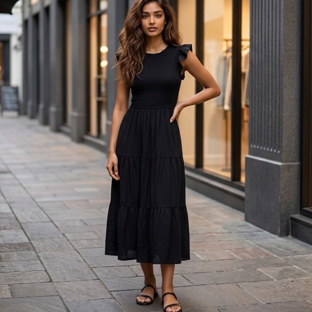Merokeety Black Smocked Tiered Maxi Dress Womens Size Small PartyCasual Stretch